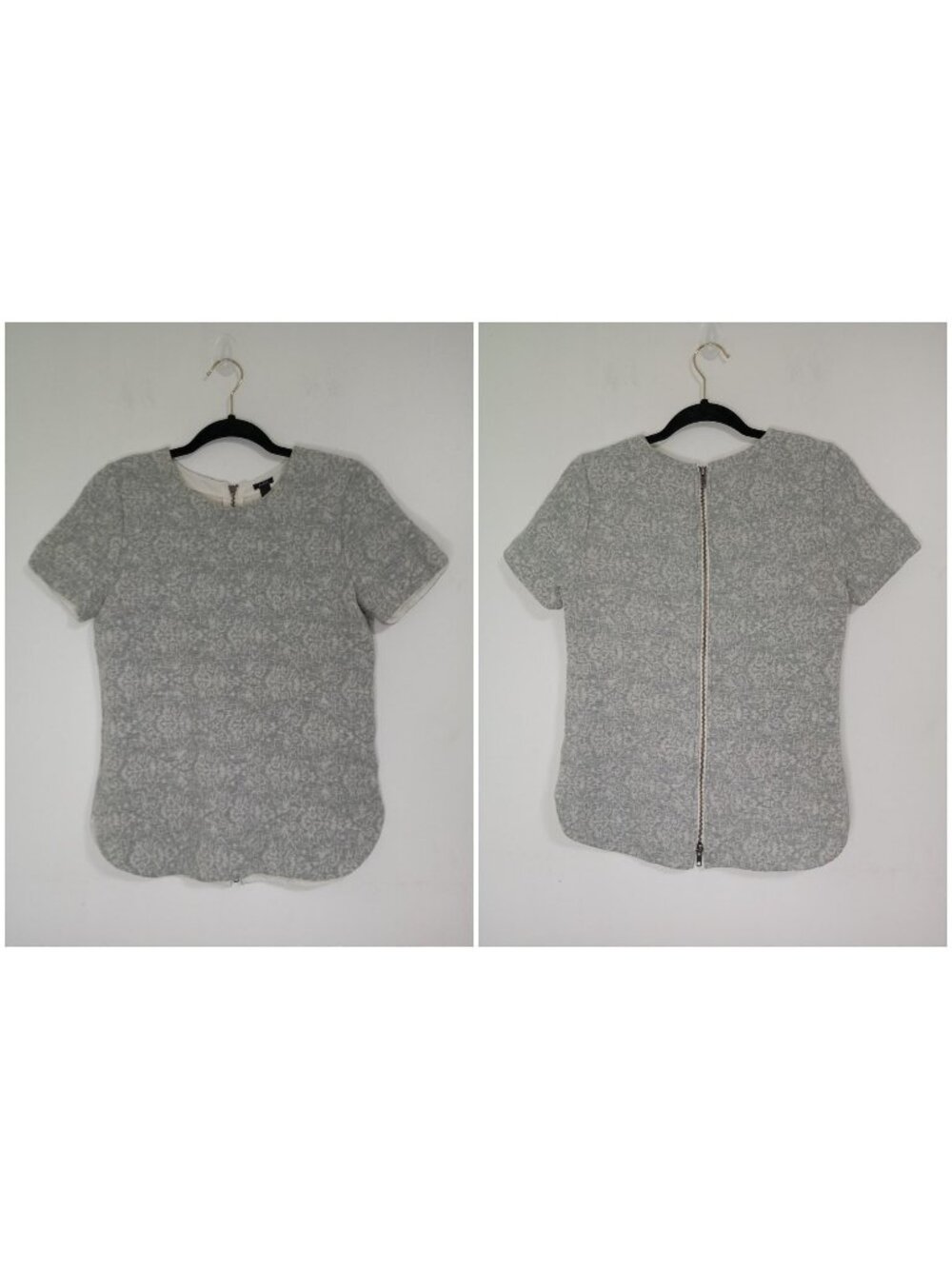 J.Crew Gray Short Sleeve Textured Top XS Cotton blend Rear Zip Closure